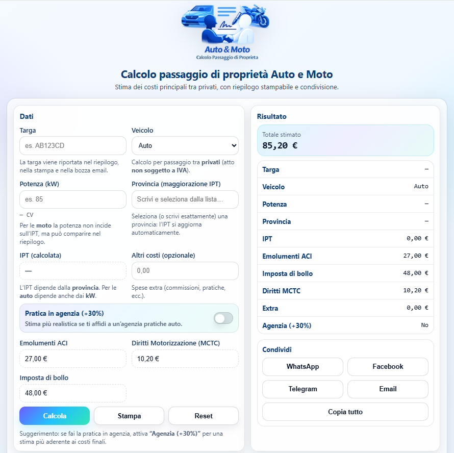 Calcolo passaggio di proprietà Auto e Moto su ipt.codfis.it